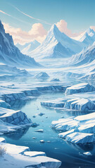 Melting Arctic / Antarctic Ice Glaciers Landscape Scene, Vertical Digital Painting Illustration Wallpaper Background