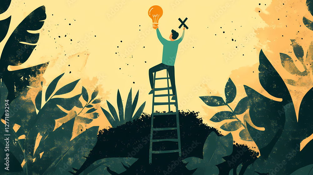 Poster climbing to innovation: a determined individual ascends a ladder, reaching for a glowing light bulb 