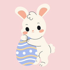 Flat style illustration of a cute Easter bunny holding a decorated egg, ideal for festive designs, greeting cards, and spring-themed projects.