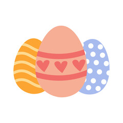 Flat style illustration of three decorated Easter eggs with heart, wave, and polka dot patterns, perfect for holiday designs, greeting cards, and festive decorations.
