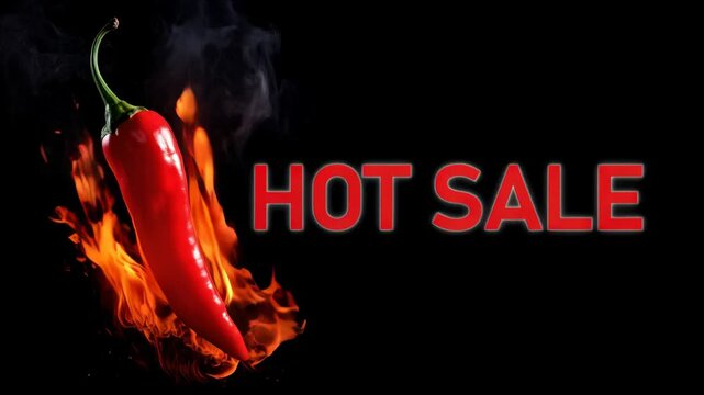 Hot sale banner with hot chili pepper burning fire against dark background