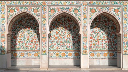 Obraz premium Set of three arched windows with intricate designs on them. the windows are made of white marble and are decorated with colorful floral patterns in shades of orange, green, and blue.