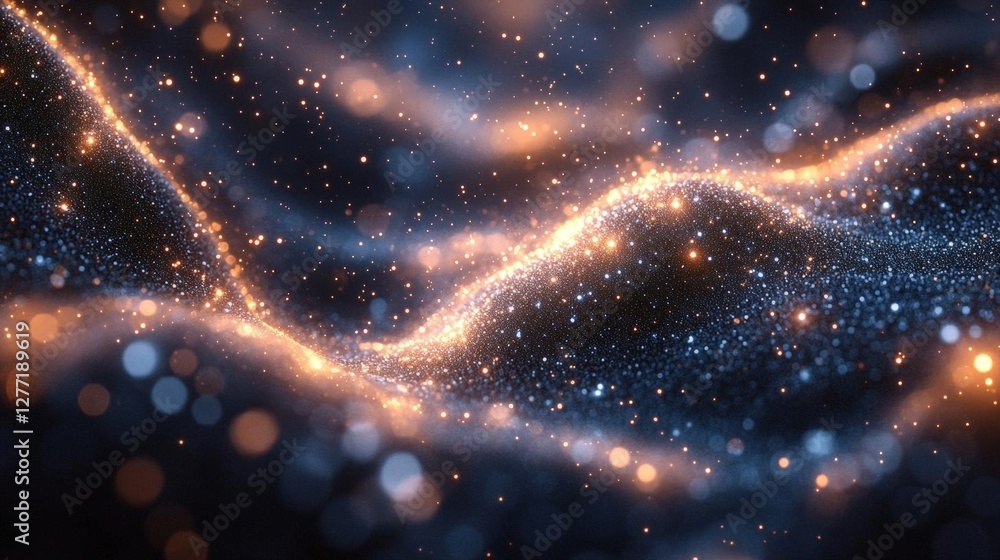 Poster abstract glittering golden and blue particles flowing background with bokeh effects