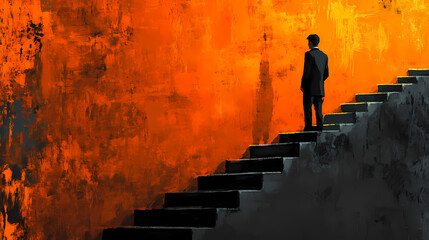 A Moment of Reflection: A solitary figure in a suit stands on a weathered stairway, looking towards an unknown future against an intense orange background. This image symbolizes ambition, hope.