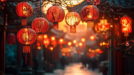 Lanterns glow in a traditional street, casting a warm, festive light.