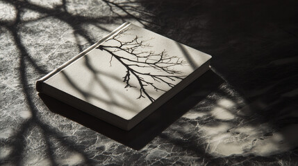 A pristine magazine-style booklet resting on a textured monochrome surface