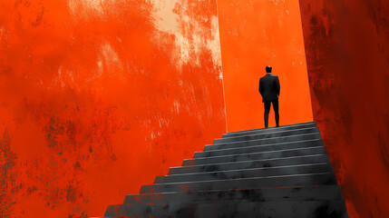 Man on a Red Staircase: Silhouette of a man ascending a staircase set against vibrant red walls, evoking a sense of ambition, challenge, and the pursuit of goals.