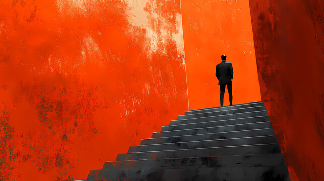 Man on a Red Staircase: Silhouette of a man ascending a staircase set against vibrant red walls, evoking a sense of ambition, challenge, and the pursuit of goals.