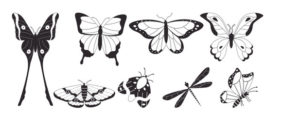 Black and white flat style illustration of various butterflies, moths, and insects with intricate wing patterns, perfect for decorative, nature-inspired, and tattoo design projects.