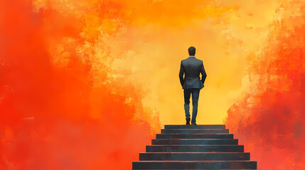 Ascending Towards Potential: A lone figure in a business suit ascends a staircase toward a brilliant, fiery sky. Symbolizing ambition, challenge and overcoming obstacles