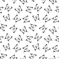 Seamless black and white butterfly pattern with a minimalistic and elegant design, perfect for textiles, wallpaper, packaging, and nature-inspired creative projects.