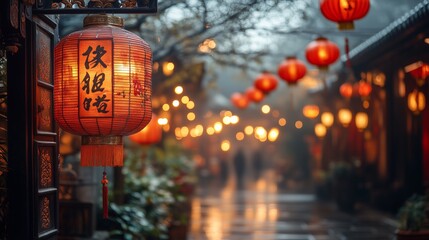 Vibrant lanterns illuminate a traditional street, casting a warm glow on a rainy night.