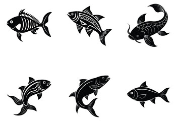 Set of fishes silhouette on white background