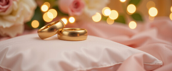 Two golden wedding rings resting on a soft pink pillow surrounded by delicate roses and twinkling fairy lights conveying an intimate and joyous atmosphere celebrating love