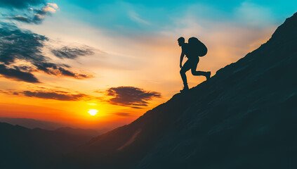 Embrace the Climb: A determined hiker, silhouetted against a breathtaking sunset, ascends a rugged mountain slope, embodying perseverance and the pursuit of goals.