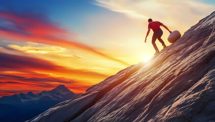 Conquering Challenges: A determined figure battles uphill, pushing a massive stone against a stunning sunset backdrop, symbolizing persistence and overcoming obstacles.
