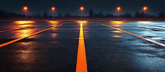 Empty parking lot at night, wet asphalt, illuminated by streetlights.  Possible use for stock photos