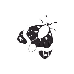 Flat style illustration of a moth with intricate wing patterns in black and white, ideal for nature-themed designs, prints, and entomology-inspired artwork.