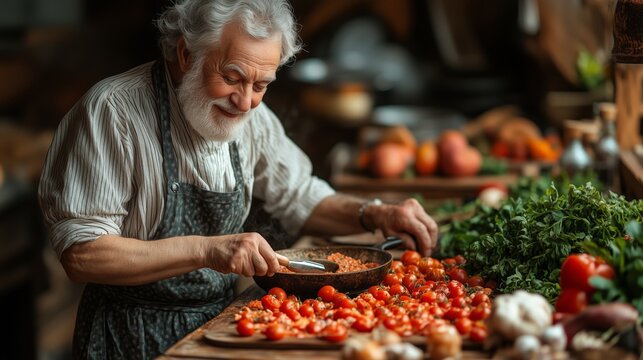 Senior man cooking a tomato-based dish with fresh ingredients in the kitchen