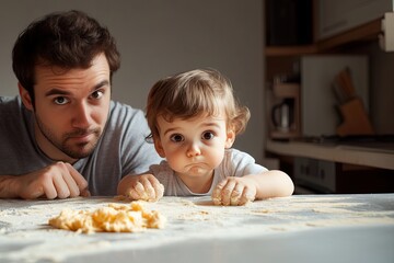Father and son making dough, celebrating father's day in the kitchen