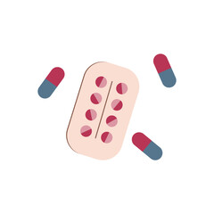 Flat style illustration of pills and a blister pack, ideal for themes related to medicine, healthcare, pharmaceuticals, and treatment.