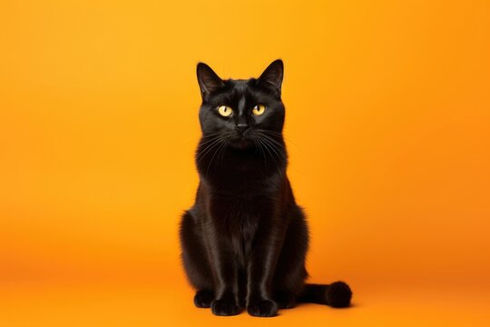 Black cat sitting on orange background with copy space. Halloween symbol. Pet portrait for All Saints Day, Samhain, Friday 13th, National Black Cat Day celebrations