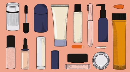 Illustration of various makeup products arranged in a flat lay on a peach-colored background. there are nine products in total, arranged in two rows and three columns.