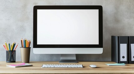close up desktop computer monitor with a blank white screen on a white desk. 