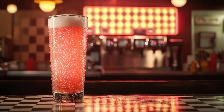Elegant soda fountain glass with soft bubbles, positioned against a 1940s diner background with checkerboard and neon patterns, no watermark, no brand, no license, no copyright