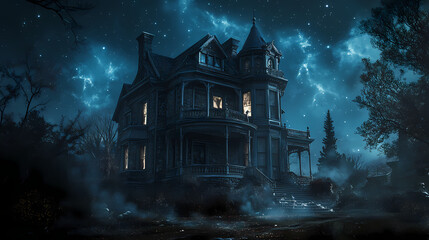 Capturing the eerie charm of history, a haunted victorian mansion, photographed at night, exudes grandeur and ghostly tales of bygone eras. Spectral Victorian Mansion. Illustration