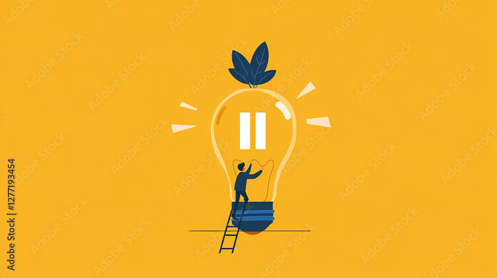 Poster pausing for brilliant insight: a miniature figure stands on a ladder, seemingly interacting with a l