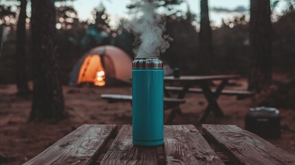 Blue thermos flask on a wooden picnic table in a forest. the thermos is cylindrical in shape and has a silver lid. it is emitting a cloud of smoke that is rising from the top of the flask.