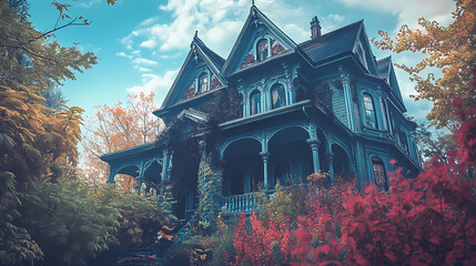 Eerie victorian mansion, spectral figure, overgrown garden, worm's eye view - digital art. Spectral Victorian Mansion. Illustration