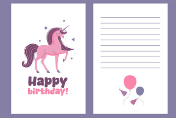 Flat style birthday card featuring a graceful unicorn with balloons and party hats, perfect for adding a magical and festive touch to birthday celebrations.