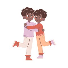 Flat style illustration of two boys hugging, symbolizing friendship, connection, and warmth. Perfect for themes of love, support, and relationships.