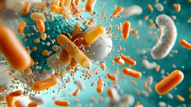 Explosive 3D medical visualization showcasing the intricate structures and vibrant colors of septicemia causing bacteria and toxic substances