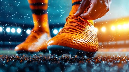 Football Player Tying Boots with Stadium Lights Glowing in the Background During Night Game or Training Session on the Field