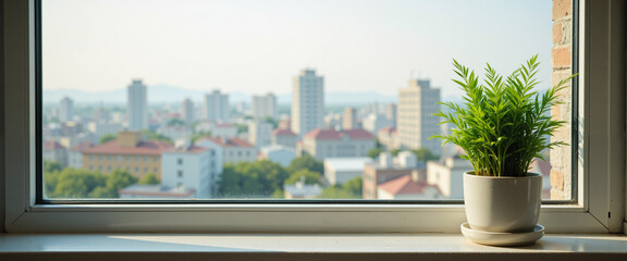 Window view of a vibrant green plant in a minimalist pot, showcasing a serene atmosphere while overlooking a bustling cityscape with skyscrapers and rooftops