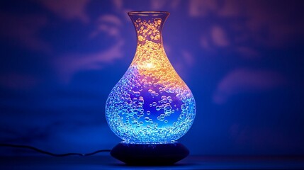 Illuminated glass aroma diffuser with colorful light.