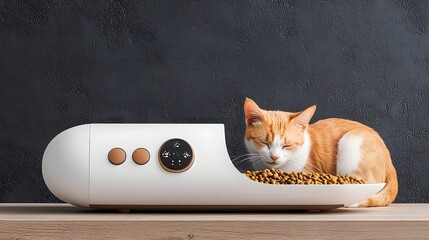 Fototapeta na wymiar Futuristic automatic pet feeder dispensing dry food into a sleek minimalist modern bowl Smart home appliance designed for convenient and efficient pet care with a high tech contemporary look