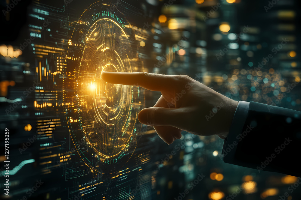 Poster unveiling technological frontiers: a finger elegantly interacts with a futuristic, glowing digital i