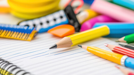 Fototapeta premium Back to school writing essentials: close-up of colorful mechanical pencils and notepad