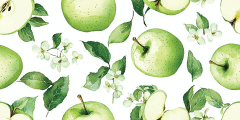 Watercolor seamless pattern of green apples. flowers and green leaves on a white background