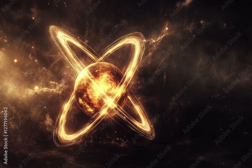 Poster stellar atom with glowing orbits and cosmic background in space