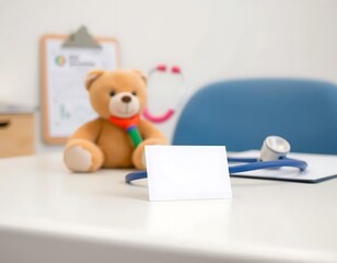 Business card mockup with a teddy bear and stethoscope on a table, indicating a friendly medical or pediatric setting