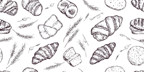 Pastry vector pattern, seamless background with hand drawn bakery products, illustrations of croissants, loaves of bread, toast, and wheat stalks