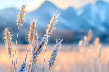 Fototapeta premium Golden Wheat Field and Misty Mountains: The image captures a serene scene of golden wheat stalks in a field, with a soft focus on the misty mountains in the background, bathed in a warm.