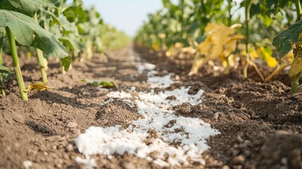 Toxic fertilizer affecting crops in a farm field. Featuring stunted growth and environmental degradation