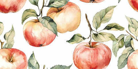 Watercolor seamless pattern of red apples. flowers and green leaves on a white background