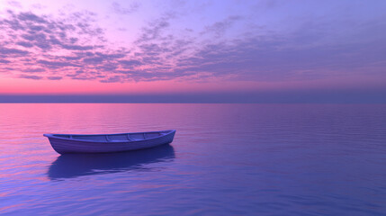 Naklejka premium A tranquil ocean scene at dusk, a small wooden rowboat floating gently on the still water, the sky illuminated by a blend of deep purples and soft pinks